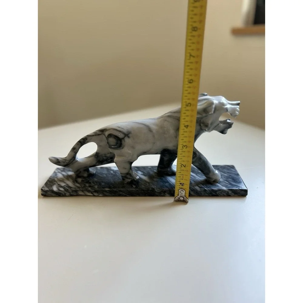 Vintage Marble Panther Statue Black White Stone Sculpture Mid Century Modern